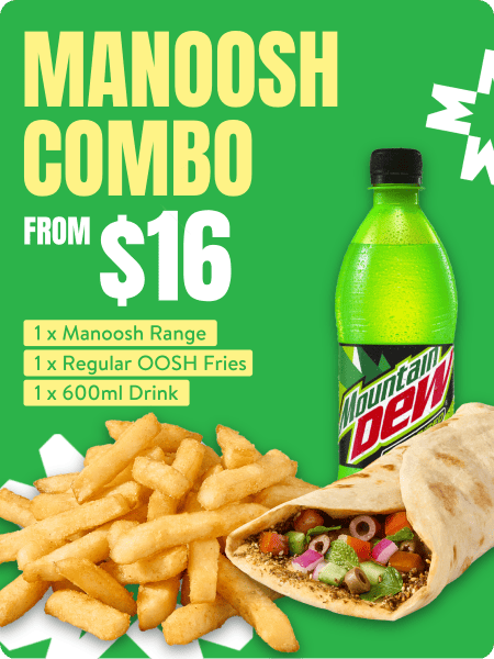 Manoosh Combo. Choose from a selection of Manoosh, Famous chips and a 600ml drink.