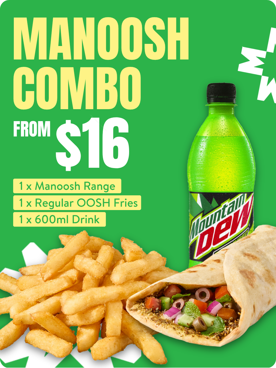 Manoosh Combo. Choose from a selection of Manoosh, Famous chips and a 600ml drink.