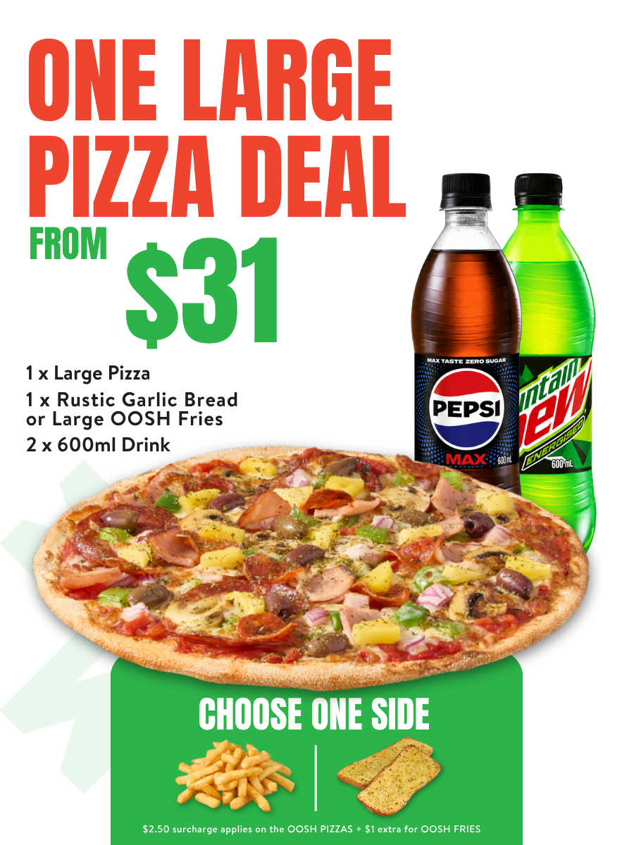 1 Large Pizza Deal. Enjoy one large pizza, two 600ml drinks & your choice of garlic bread, fries or salad.