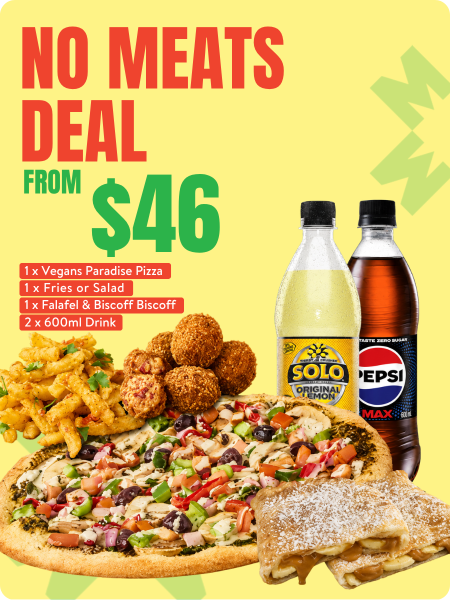No Meats Deal. The perfect NO MEATS DEAL— Vegan’s Paradise, Biscoff Biscoff, 5 falafel & your choice of fries or salad.