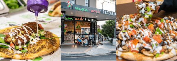 Collage of Lebanese pizza, fresh toppings and an OOSHMAN shopfront