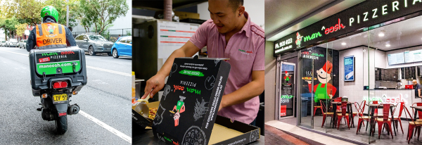 OOSHMAN delivery rider, team member and pizzeria storefront showing takeaway service
