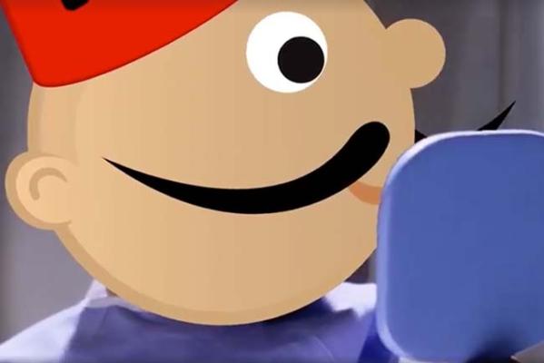 OOSHMAN mascot smiling while looking at a blue smartphone