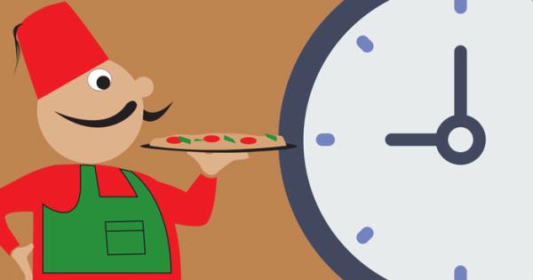 OOSHMAN mascot holding a pizza beside a large clock