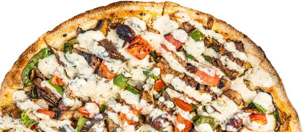 Close-up of a vegetarian pizza with mushrooms, capsicum, onion, cheese and herbs