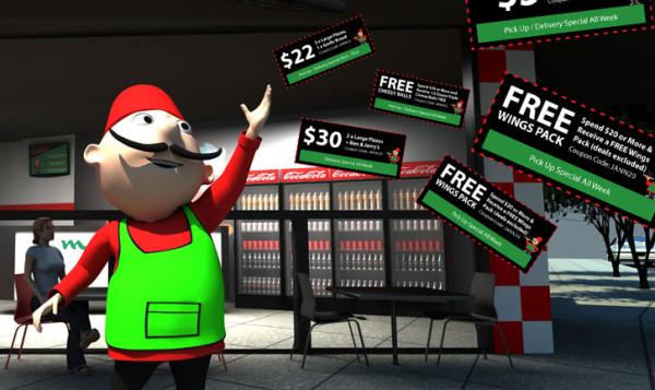 OOSHMAN mascot outside a restaurant, pointing to floating pizza deal vouchers