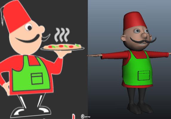 OOSHMAN mascot in red fez and green apron, shown in 2D and 3D holding a freshly made pizza