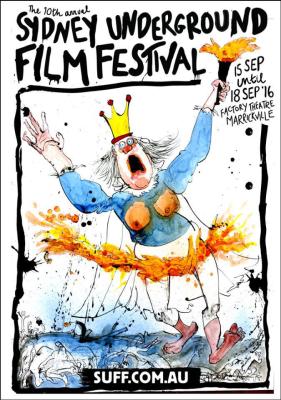 Illustrated poster for the 10th annual Sydney Underground Film Festival featuring a crowned man in a blue suit