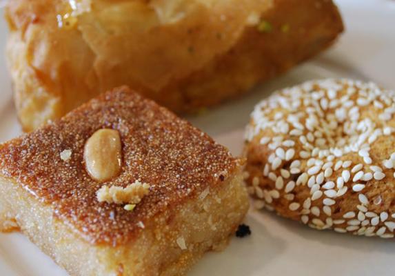 Assorted Lebanese pastries with semolina cake, sesame roll and golden filo sweet