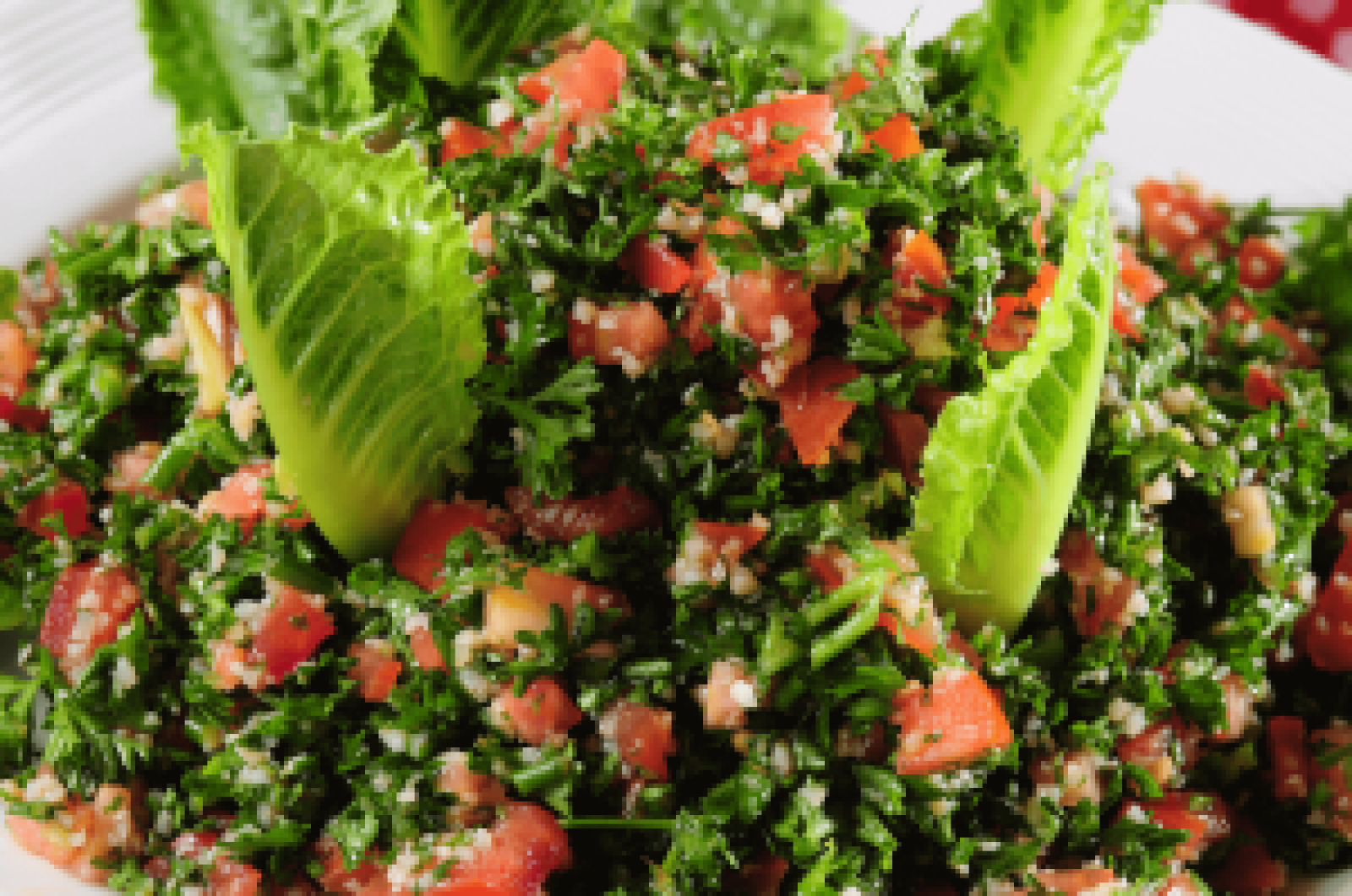 Fresh tabouli salad with parsley, diced tomato and bulgur wheat served in crisp lettuce leaves