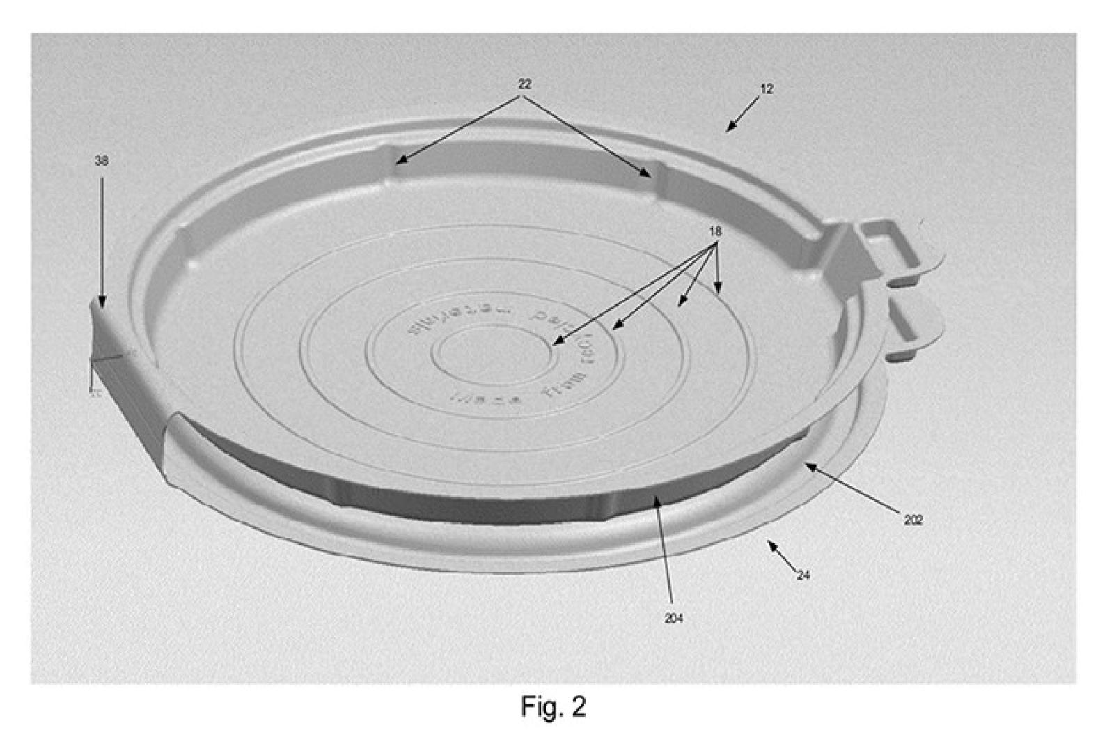 Patent-style diagram of a round pizza box base with a raised rim and labelled parts