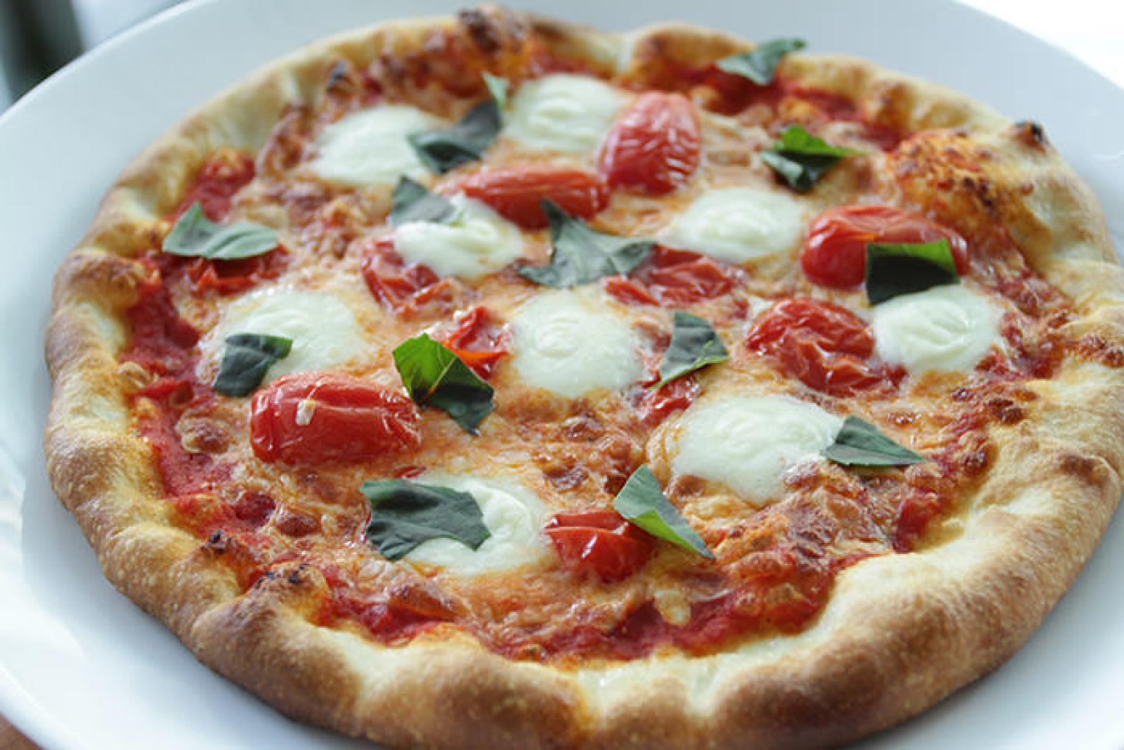 Margherita pizza with melted mozzarella, tomato pieces and fresh basil on a white plate