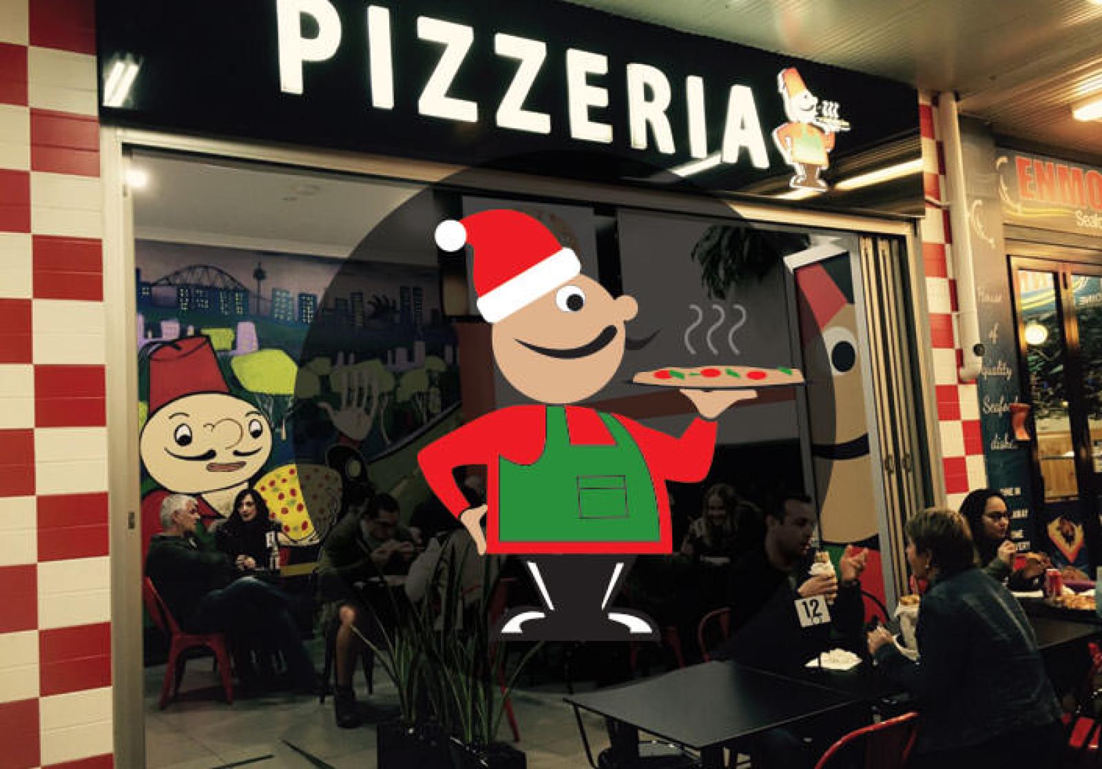 OOSHMAN pizzeria storefront with festive mascot artwork and customers dining inside