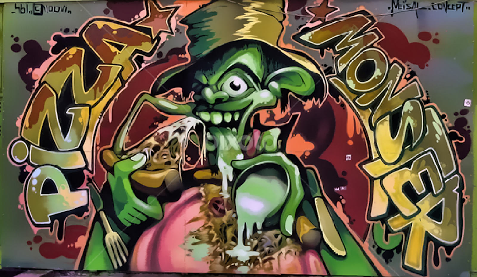 Colourful OOSHMAN graffiti mural with a green pizza mascot holding a loaded pizza
