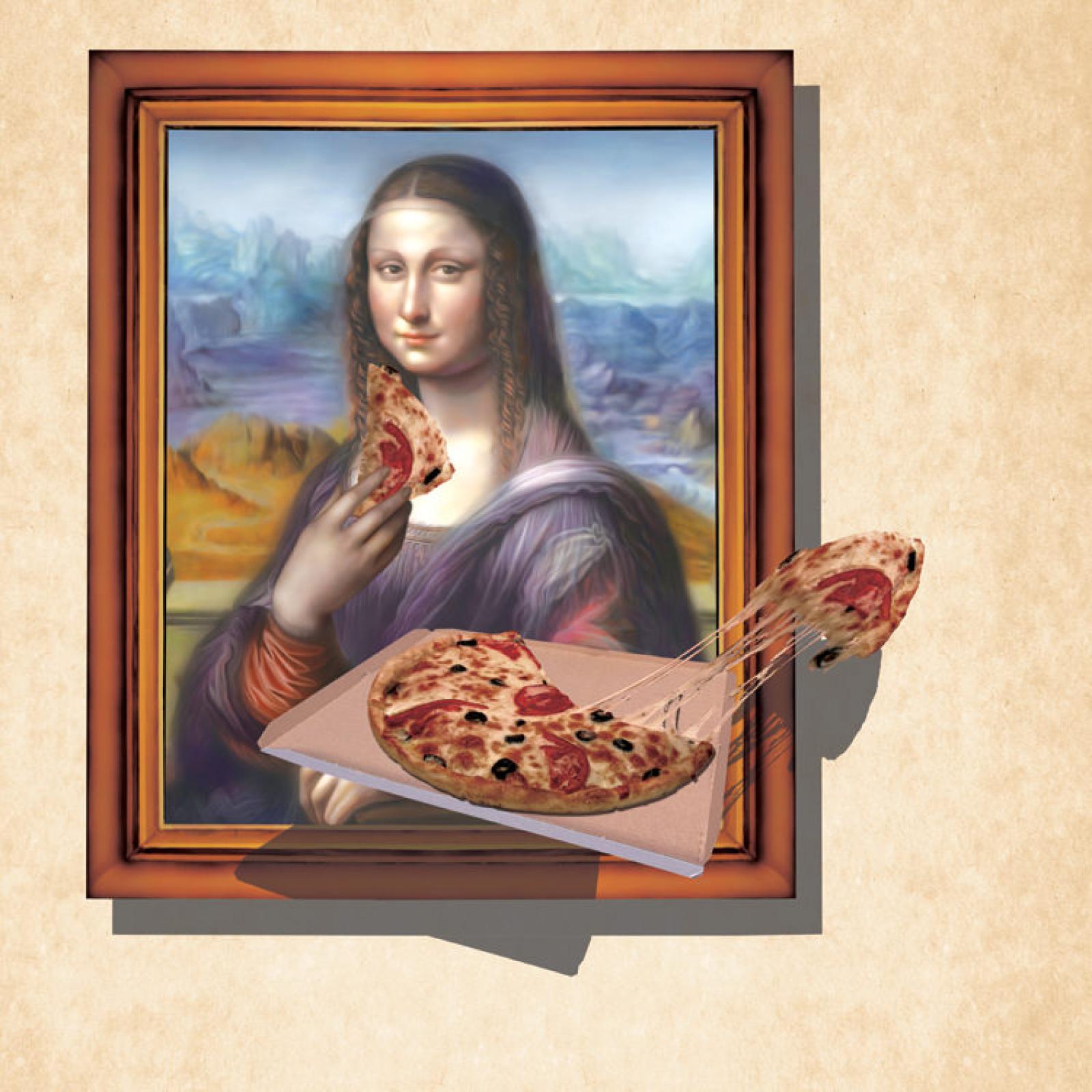Framed Mona Lisa-style artwork with pizza slices and an open pizza box on a beige wall