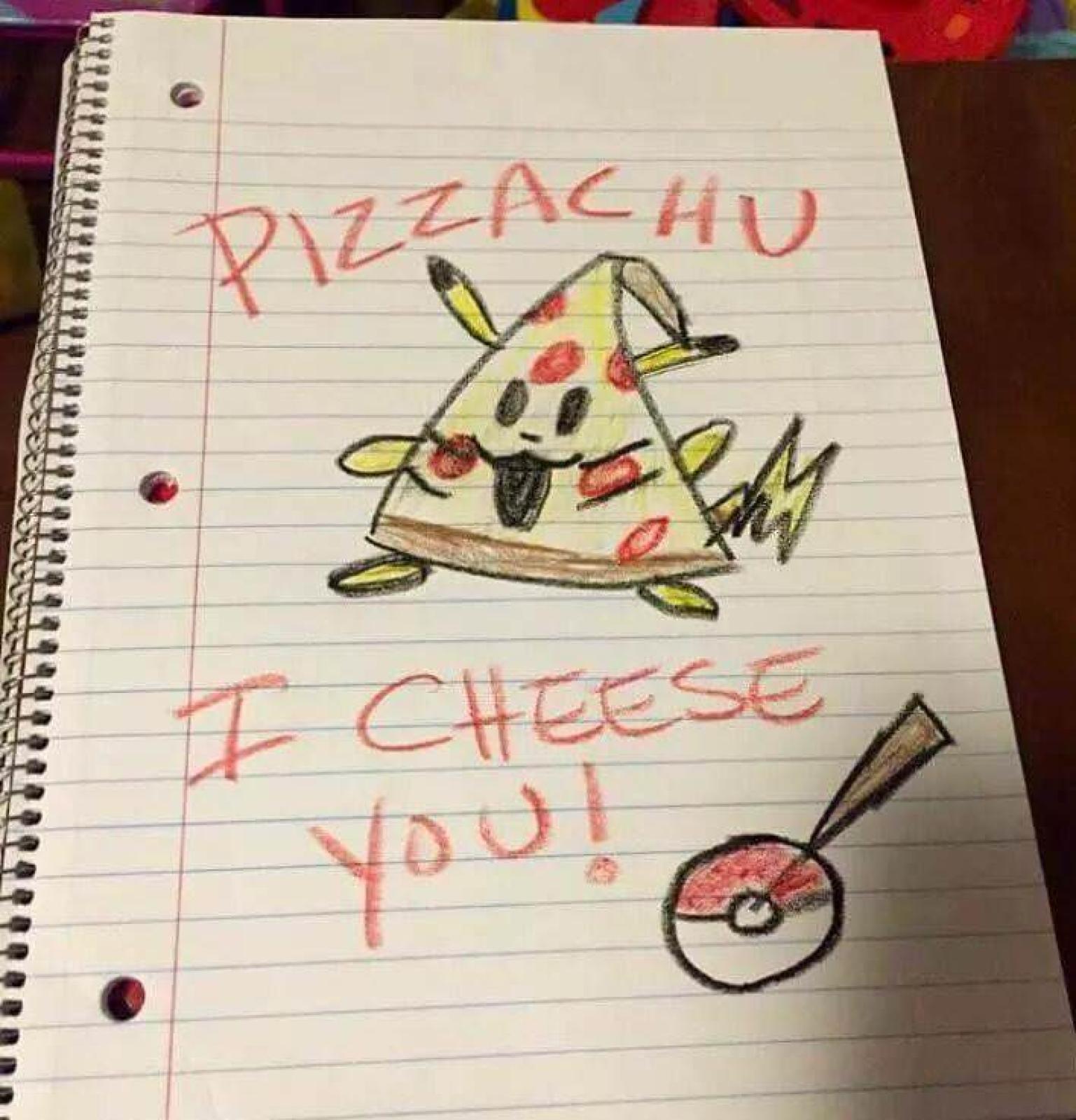 Hand-drawn pizza and Pikachu-inspired character on lined paper with a cheesy pizza pun