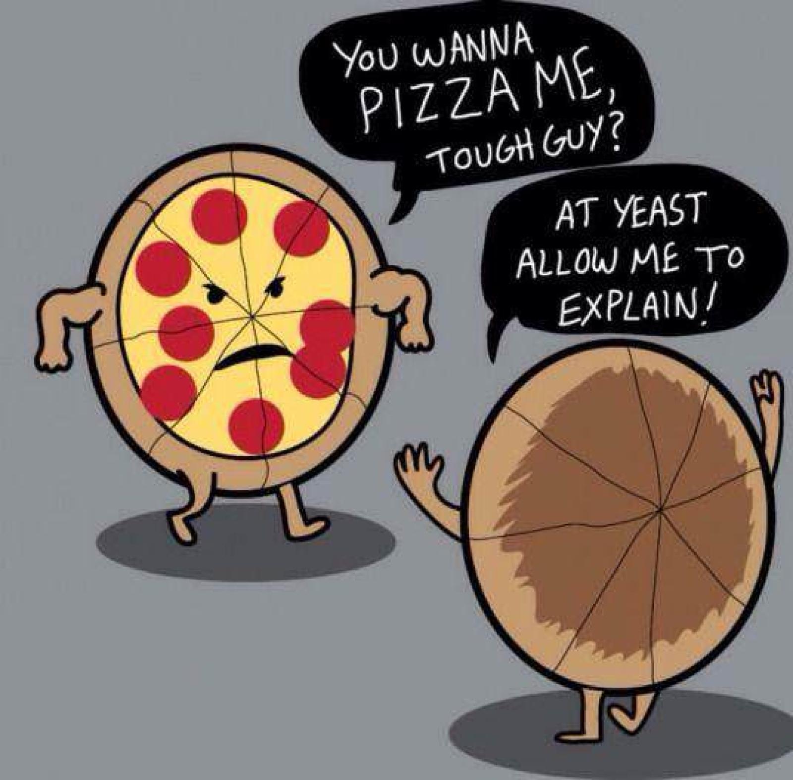 Cartoon pizza and Lebanese flatbread share a humorous dialogue about pizza and yeast.