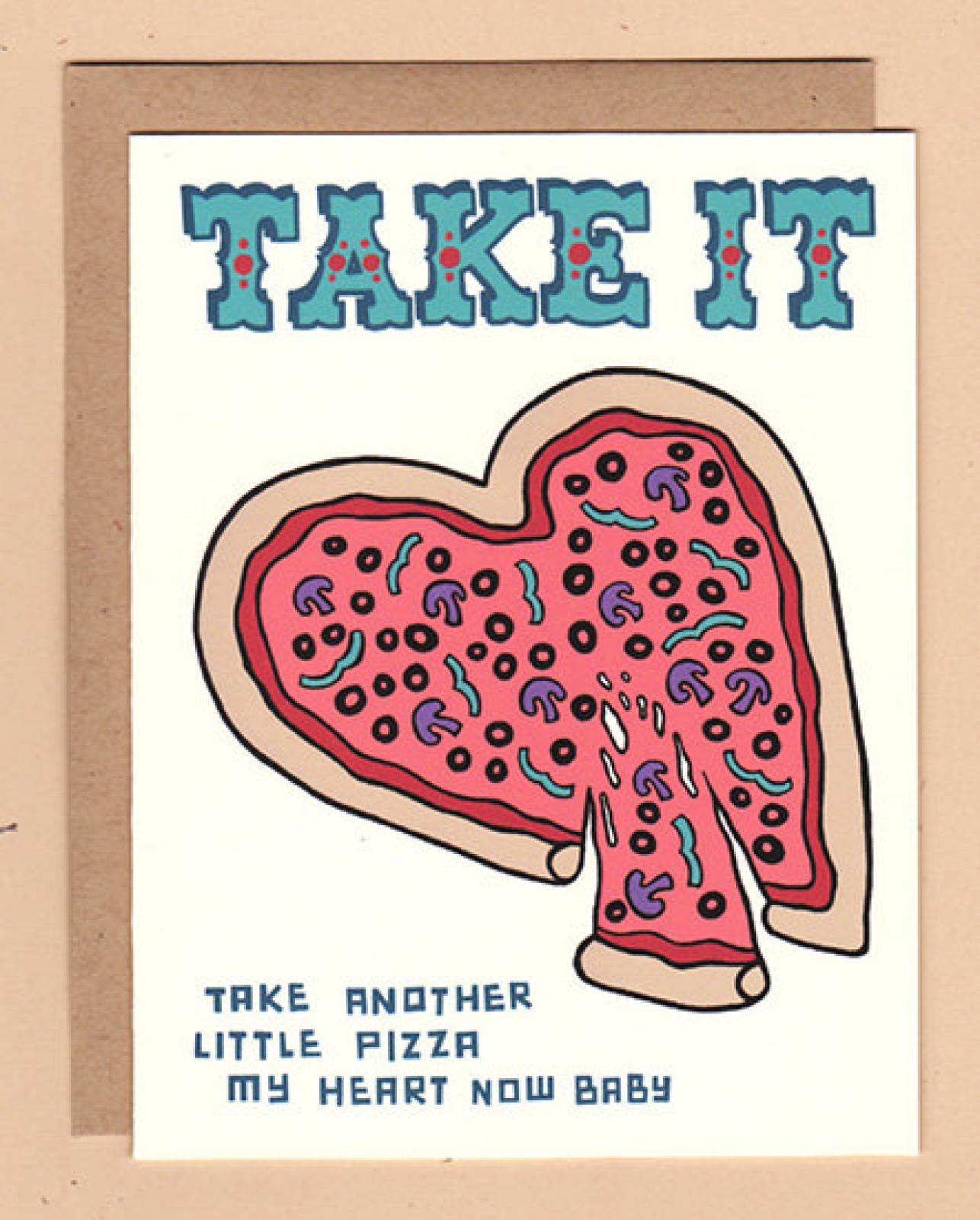 Retro illustration of a heart-shaped pizza slice with the words “Take It” above
