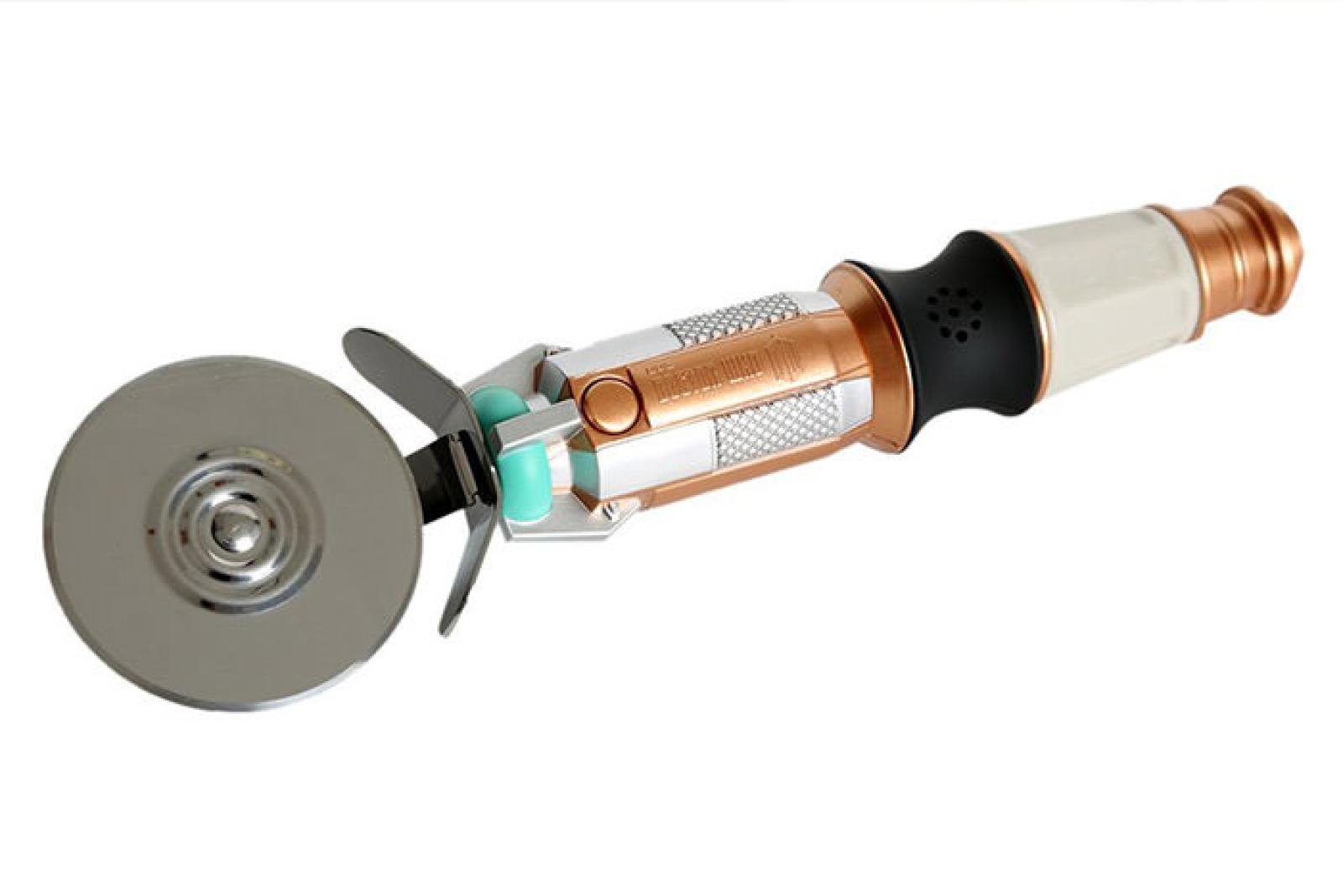 Pneumatic angle grinder with circular cutting disc on a white background