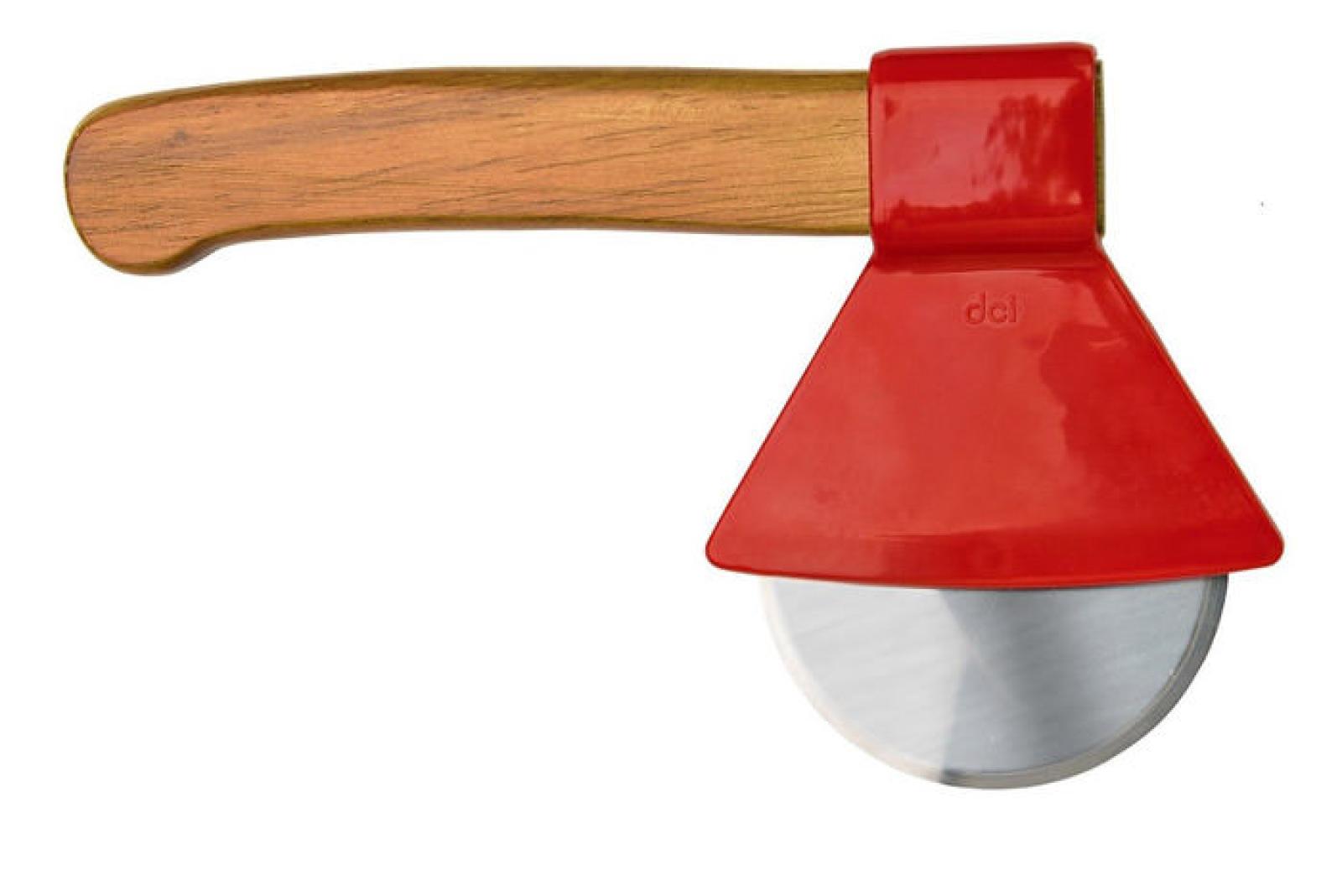 Red pizza cutter with a wooden handle and circular metal blade on a white background