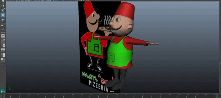 3D design software showing two OOSHMAN-style pizza mascots in red fezzes and green aprons