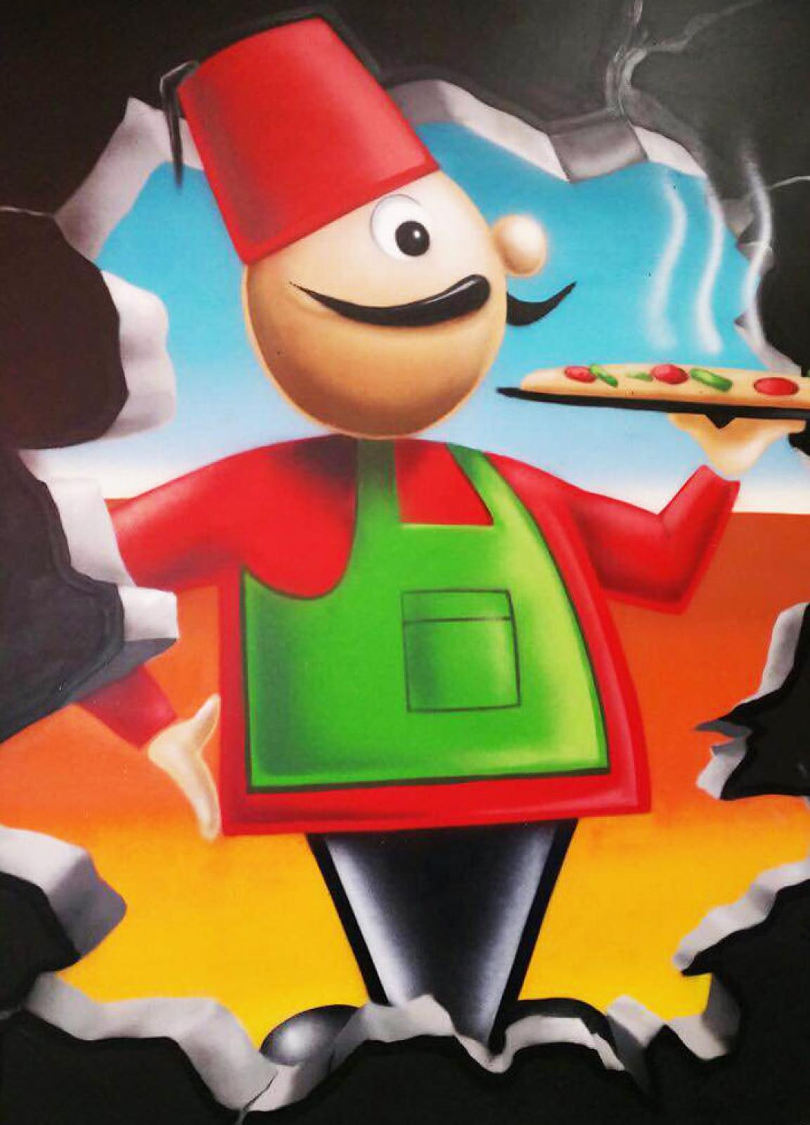 OOSHMAN mascot in a red fez and green apron holding a tray of Lebanese pizza