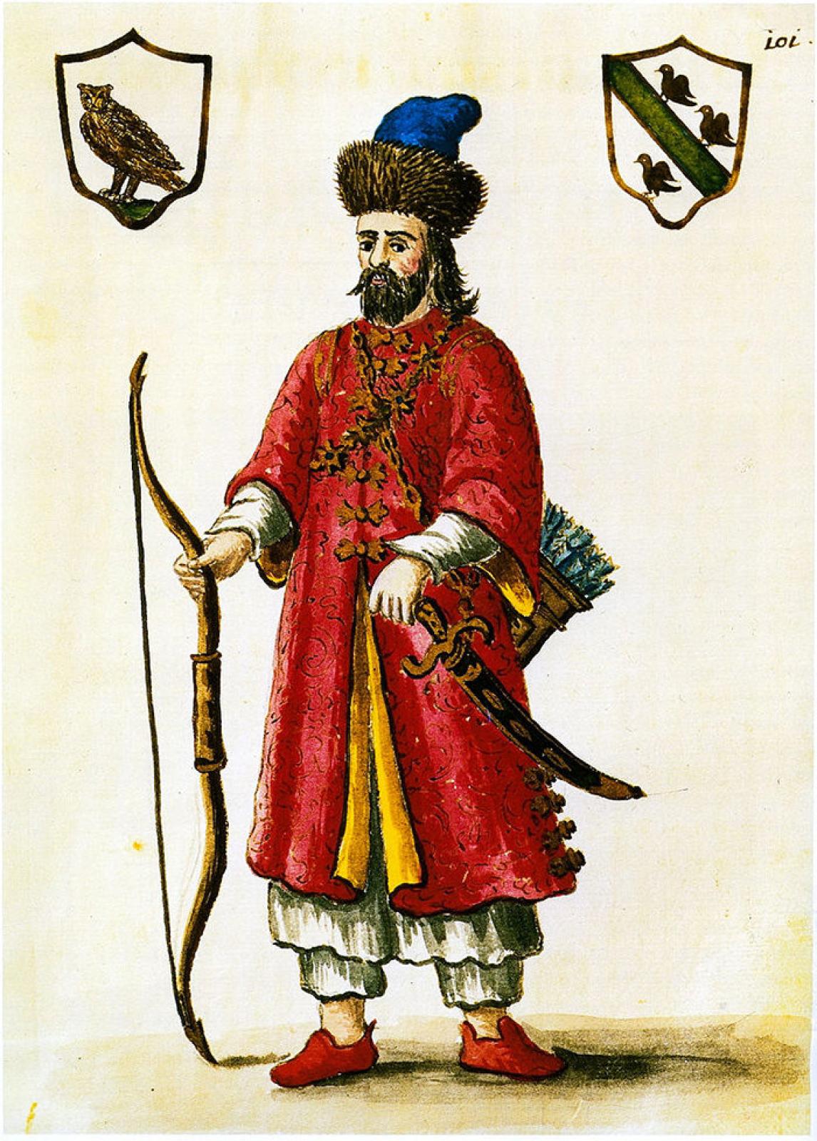 Historic illustration of a bearded archer in red Ottoman-style dress holding a bow