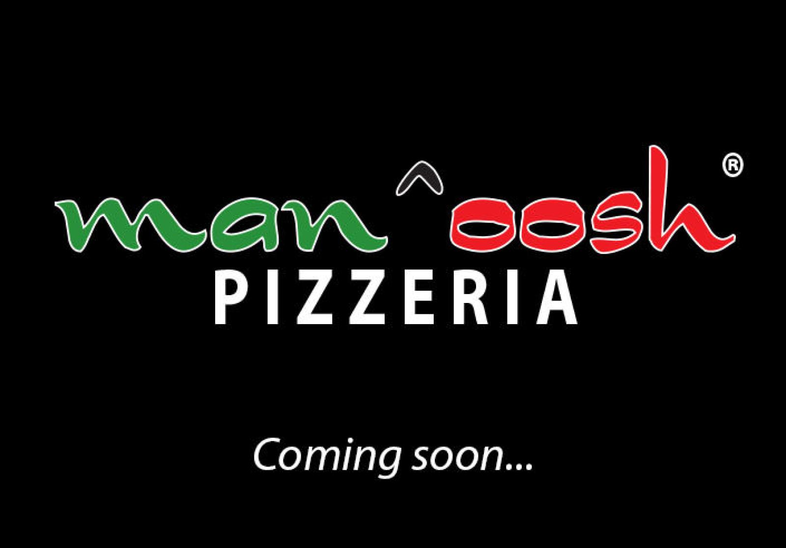 Man'oosh Pizzeria logo on black background with ‘Coming soon’ message