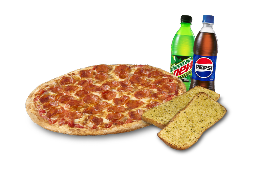 1 Large Pizza Deal. Enjoy one large pizza, two 600ml drinks & your choice of garlic bread, fries or salad.
