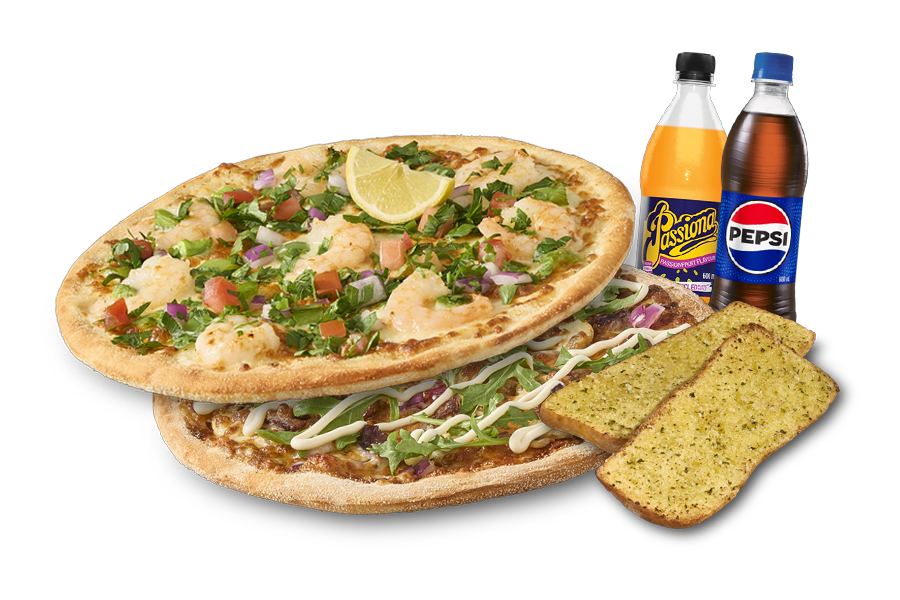 2 Large Pizza Deal. Enjoy two large pizzas, two 600ml drinks & your choice of garlic bread, fries or salad.