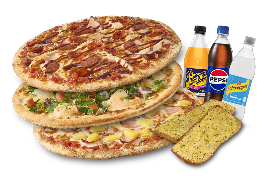3 Large Pizza Deal. Enjoy three large pizzas, three 600ml drinks & your choice of garlic bread, fries or salad.